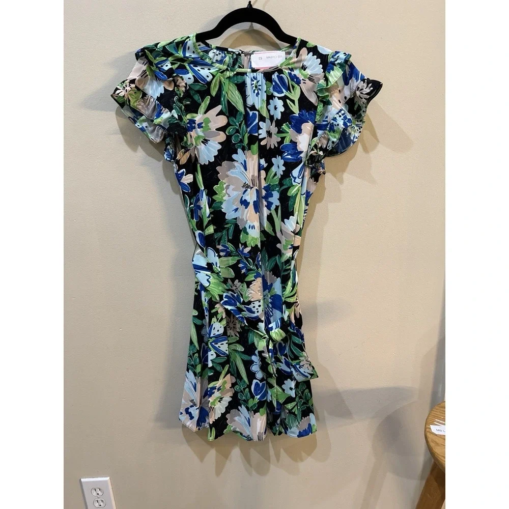 Kate Spade Full Bloom Belted Dress Ruffle Sleeves Floral Green‎ Blue Size 6